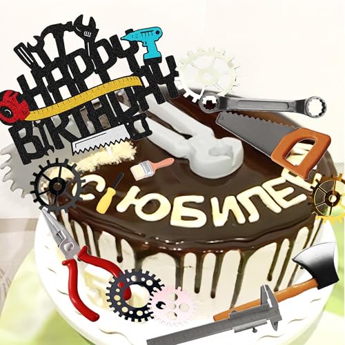 Tools Cake Topper Wrench Hammer Drill Plier Handsaw Tape Measure Screwdrivers Themed Happy Birthday Party Cake Decor