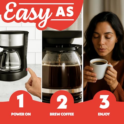 Gourmia 5 Cup One-Touch Drip Brew Coffee Maker – Pause and Serve, Automatic Keep Warm, Easy View Water Window, Compact, Stainless Steel Accents, Black