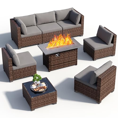 Qsun 8 Pieces Outdoor Patio Furniture Set with 44.9" Fire Pit Table, All-Weather Wicker Outdoor Patio Sectional Set with Coffee Table, for Garden, Backyard, Grey