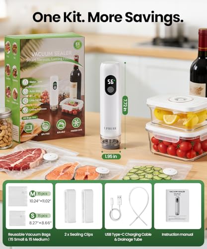 UPRUBE Compact Vacuum Sealer for Food (Vacuum Sealer Machine + 30 Reusable Vacuum Bags), Powerful Handheld Food Vacuum Sealer Machine with LED Display & Liquid Drainage Tube, Portable Food Sealer