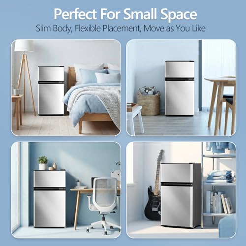 Electactic 2.5 Cu.Ft Mini Fridge with Freezer, Double-Door Compact Refrigerator, Adjustable Glass Shelves, Mechanical Thermostat & Leveling Feet, Space-Saving for Apartment/Dorm/Office, Silver
