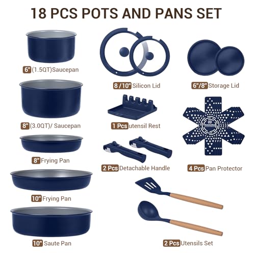 Ammeloo 18-Piece Ceramic Pots and Pans Set Non Stick, Non Toxic Cookware Set with Removable Handles, Pot Sets for Cooking, Induction Ready, Dishwasher & Oven Safe, PFAS PFOA & PTFE Free (Navy Blue)