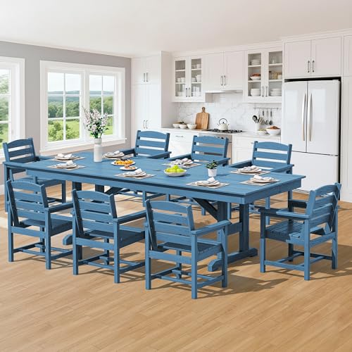 SERWALL 9 Piece Outdoor Dining Set, 84" HDPE Outdoor Table and Chairs for 8,All Weather Patio Furniture Set with Umbrella Hole for Backyard, Garden, Blue