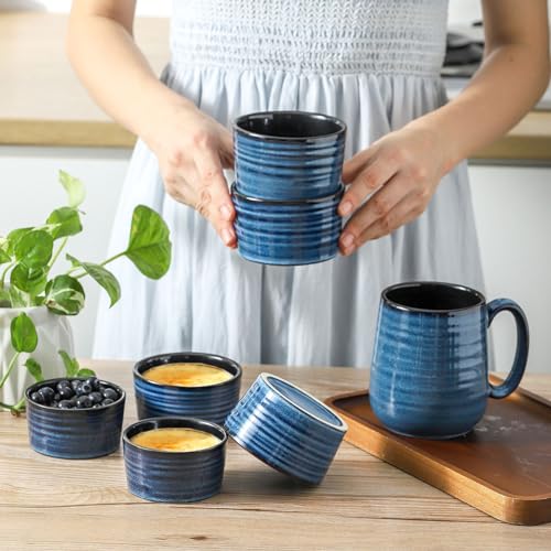Tikooere Ceramic 4 oz Ramekins Set of 6, Oven Safe Small Creme Brulee Ramekins for Baking, Blue Dipping Bowls for Custard, Ice Cream, Pudding, Porcelain Sauce Cups, Mini Souffle Dish, Microwave Safe