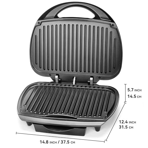 SugarWhisk Family-sized Contact Grill, 6-Serving Electric Indoor Grill with Adjustable Temp Control, Ceramic Coating, 1500W, Graphite