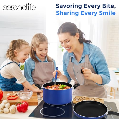 SereneLife 15-Pc Blue Nonstick Cookware Set, Heat-Resistant Pots & Pans Set with Lids, Dishwasher Safe, Includes Matching Utensils