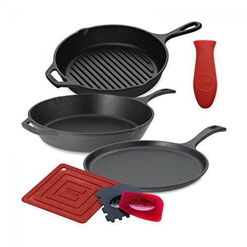 Lodge Cast Iron Set - 7-Piece Set - Pre-Seasoned Kitchen Essentials Set - Skillet, Griddle & Dutch Oven Included - PFAS-Free Non-Toxic Cookware