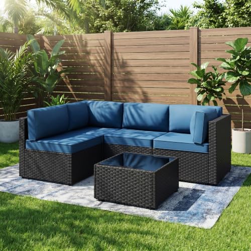 SUNLEI 5 Piece Patio Furniture Set, Outdoor Rattan Sectional Sofa with Coffee Table, Low-Back Modular Patio Conversation Set with Washable Cushions, Black Rattan, Aegean Blue