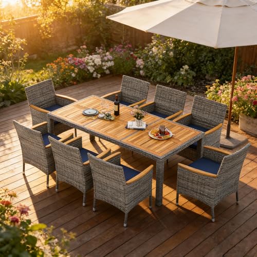 COSTWAY 9-Piece Patio Dining Set for 8, Outdoor Rattan Wicker Table and Chairs Furniture Set with Umbrella Hole, Acacia Wood Tabletop for Backyard, Balcony, Poolside, Grey & Navy