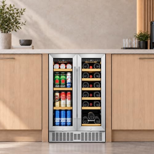 Honeywell 24 Inch Dual Zone Compressor Wine Cooler Refrigerator & Beverage Cooler,Large Freestanding Wine Cellar For Red,White,Champagne or Sparkling Wine,Digital Temperature Control,Stainless Steel