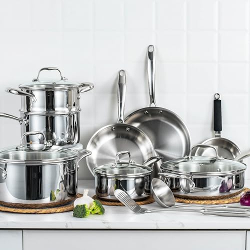SuperCook Tri Ply Stainless Steel Cookware Set, 16-Piece Pots and Pans Set with Kitchen Utensils and Steamer, Non-Toxic, Multiclad, Induction Oven Compatible, Dishwasher Safe