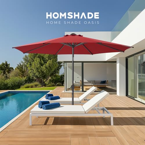 HOMSHADE 9ft Outdoor Patio Umbrella - Market Table Pool Deck Umbrella UPF50+ UV Protection with Push Button Tilt, Crank and 8 Sturdy Ribs (Red, No base)