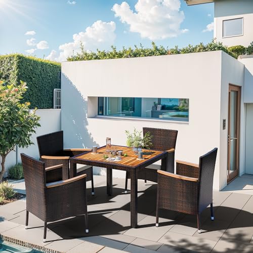 Shintenchi 5 PCS Patio Dining Set, Wicker Outdoor Table and Chairs with Soft Cushions, Patio Furniture Set with Wood Table Top for Backyard, Deck and Garden, Brown Rattan