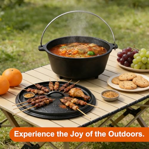 Blingco 8QT Pre-Seasoned Cast Iron Camp Dutch Oven with Lid, Large Camping Dutch Oven Pot, incl. Lid Lifter - Dual Handles - for Outdoor Campfire, Grill, Oven & Stovetop Cooking-Black