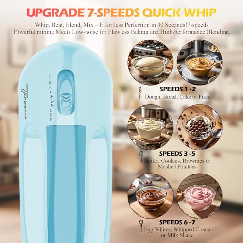 WADODO 7-Speed Electric Hand Mixer – Portable Food Mixer Kitchen Mixer with 304 *(1x Whisk, 2x Beater, 2x Dough hook) for Baking Cakes, Cream, Cookies, BLUE