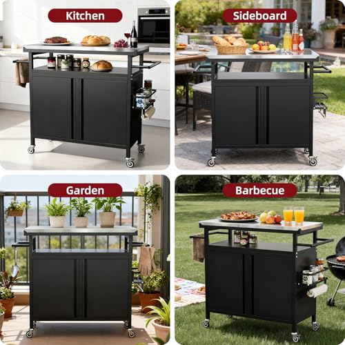 Nessxa Outdoor Grill Cart Bar Cart with Storage Cabinet for Grilling Accessories, XL Portable Outdoor Grill Table with Stainless Steel Top for Kitchen Prep, Lawn & Garden(Black)