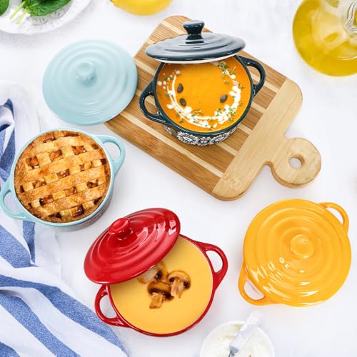 Goaste 4 Pack Porcelain Ramekins with Lids, 7 OZ Mini Casserole Dish with Handles, Round Ceramic Cocotte Bowl Set, Individual Small Baking Dish for Souffle, Creme Brulee, Lava Cake, Soup (4 Colors)