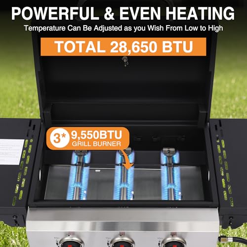 GRILL DEPOTS Propane Gas Grill with Folding Side Tables, 3-Burner Gas Grill with Cast Iron Grates and Stainless Steel Griddle Pan, Outdoor BBQ Grill Portable with Wheels 30000 BTU Output