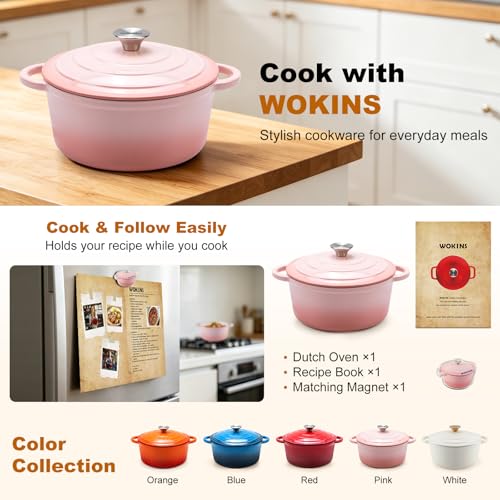 WOKINS Enameled Cast Iron Dutch Oven - 5.5QT Pot with Lid,Oven Safe to 500°F,Heavy-Duty Cookware for Sourdough Bread Baking,Braising,Stews,Roasting Pink