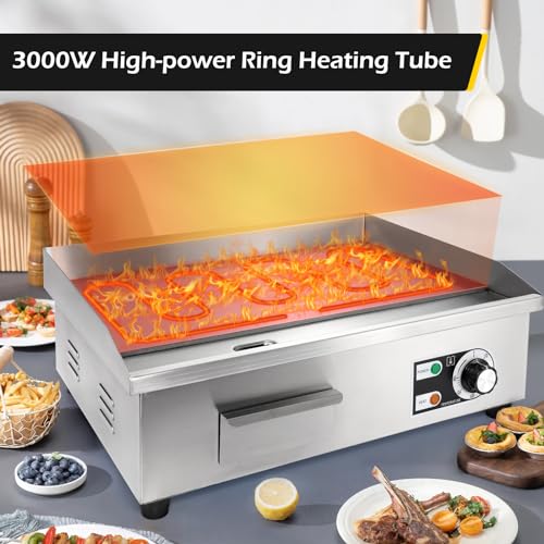 Dyna-Living Commercial Electric Griddle 22'' Flat Top Grill Countertop Griddle 3000W 110V Stainless Steel Teppanyaki Grill Large Griddles for Restaurant Kitchen