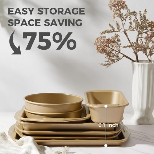 HONGBAKE 9-Piece Nonstick Bakeware Set, Wave Texture for Easy Release, 0.8mm Thick Non-Toxic Baking Pans Set, Includes Stackable Cookie Sheets, Antique Gold