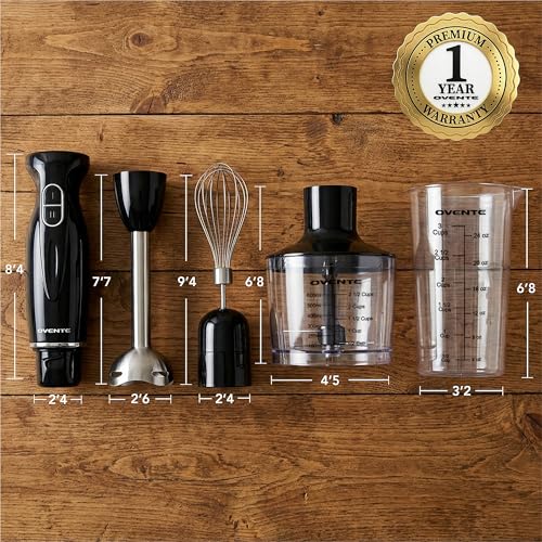 OVENTE Immersion Hand Blender Set, 300W Electric Handheld Stick Mixer, 2 Mixing Speeds with Stainless Steel Blades, Egg Whisk, Beaker & BPA-Free Food Chopper, Black HS565B