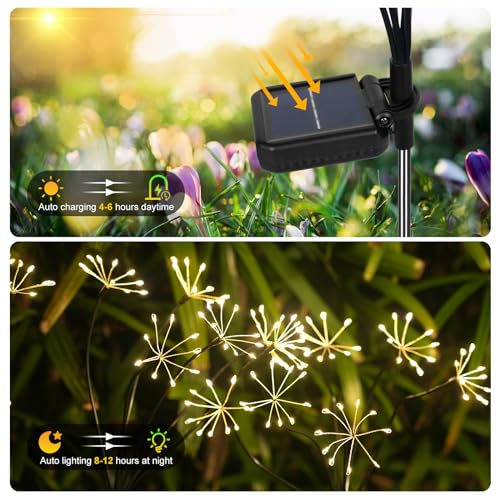 Solar Garden Lights 2 Pack Twinkling Solar Firework Lights with 2 Modes 120LED, Solar-Powered Light for Outside Yard Pathway Garden Decor Outdoor Waterproof, Gardening Gifts for Women Mothers Day,Warm