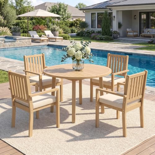 Wisteria Lane 5-Pieces Acacia Patio Table and Chairs Set for 4, Outdoor Dining Set with Table, Modern Patio Table Set with Cushion, Patio Furniture Set for Backyard Deck Garden Porch, Brown