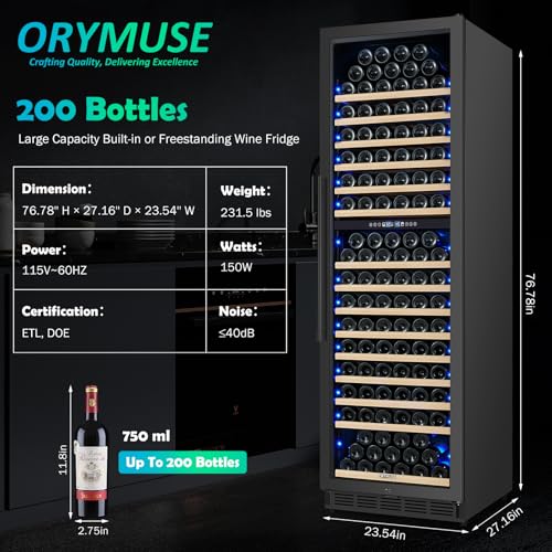 200 Bottle Dual Zone Wine Fridge – 24 Inch Large Capacity Wine Cooler Refrigerator Freestanding/Built-In with Upgraded Compressor, Low-Noise Wine Cellar & Intelligent Temperature Control - Black