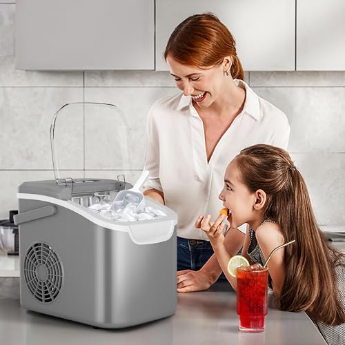 Portable Countertop Ice Maker Machine with Handle, 8 Bullet-Shaped Ice Cubes Ready in 6 Mins, 26Lbs/24H, Self-Cleaning Function with Ice Scoop and Basket for Home/Kitchen/Party (Grey)