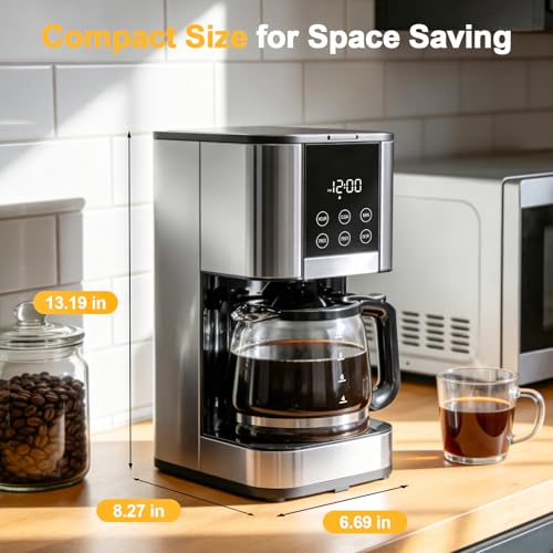 10 Cup Programmable Drip Coffee Maker, Adjustable Brew Strength, Pause & Serve, Heat Resistant Glass Carafe, Permanent Filter, Auto Shut Off, Stainless Steel, Compact Coffee Machine for Home Office