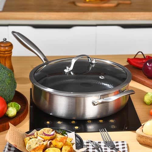 LOLYKITCH 12 Inch Deep Frying Pan with Lid, Nonstick 5QT Tri-Ply Stainless Steel Sauté Pan with Ceramic Coating, PFOA & PFOS Free, Induction Cooking Skillet, Dishwasher and Oven Safe