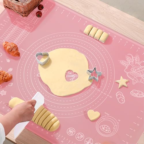 Silicone Pastry Mat 28" x 20" Extra Thick Non Stick Baking Mat with Measurements and Edge Heightening, Food Grade Silicone Rolling Mat for Pastry, Bread, Cookies, Pizza, Fondant, Pasta - Pink