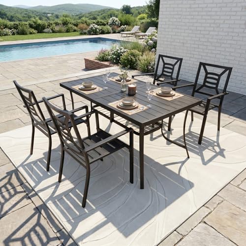 VOYSIGN 5 Piece Outdoor Patio Dining Sets, 60" Rectangular Metal Dining Table with Umbrella Hole & 4 Stackable Metal Chairs, Weather Resistant Garden Furniture Set for Backyard, Deck, Porch