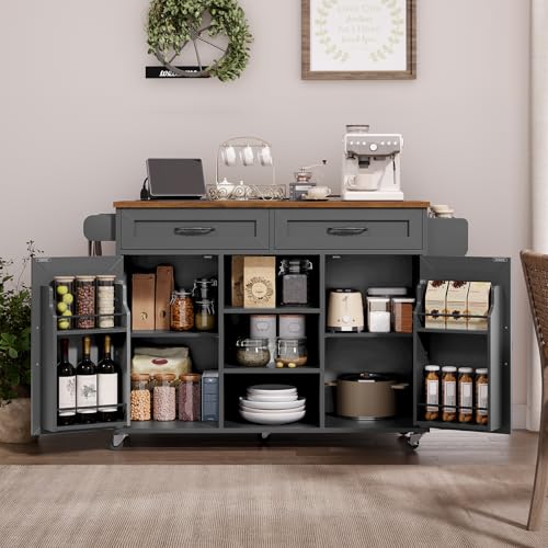 RALGEND Kitchen Island with Power Outlets & Drop Leaf, Kitchen Cart with Storage, Drawer and Spice Rack, Tower Rack, Island Table, Black and Rustic Brown