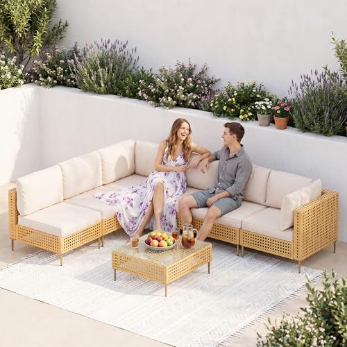 LHBcraft 7-Piece Outdoor Furniture Set, Handmade Rattan Patio Furniture Set, Outdoor Sectional Furniture, Patio Sectional with Fluffy Cushions and Coffee Table, Yellow Beige