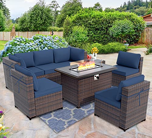 ASJMR Outdoor Patio Furniture Set with Gas Fire Pit Table, 8 Pieces Outdoor Furniture Set Patio Sectional Sofa w/43in Propane Fire Pit, PE Wicker Rattan Patio Conversation Sets (Dark Blue)