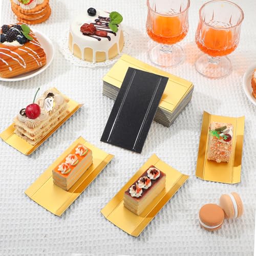 MotiMind 200 Pcs Mini Rectangular Foldable Paper Cardboard Cake Board Plates Bulk Mini Mousse Cake Bases Cardboards for Dessert Pastry Display Trays (Gold,Black)