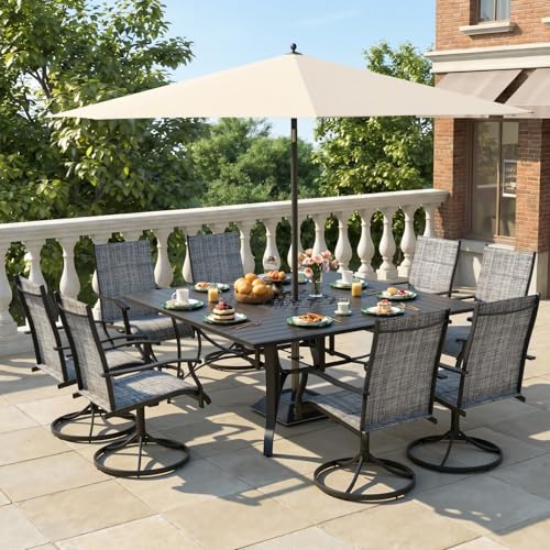 DSNAPE 9 Pieces Patio Table and Chairs Set, 59.6" Square Dining Table with Umbrella Hole, 8 High Back Textilene Swivel Chairs,Dining Table Set for 8,Outdoor Furniture for Porch Deck Yard Balcony, Grey