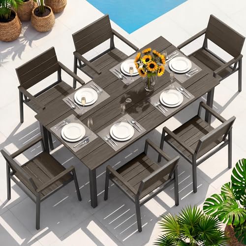Oasbira Outdoor Dining Set for 6, Patio Table and Chairs Set with Umbrella Hole, 7 Pieces HDPS + Aluminum Outdoor Furniture Sets for Patio, Garden (Charcoal)