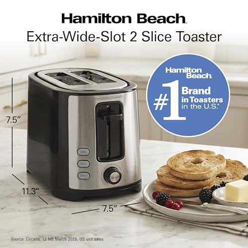 Hamilton Beach 2 Slice Extra Wide Slot Toaster with Bagel & Defrost Settings, Shade Selector with 7 Browning Levels, Toast Boost, Auto Shutoff, Black & Stainless Steel (22633)