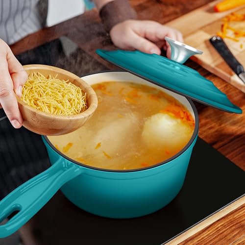 2 Quart Saucepan with Lid, Leonyo Enameled Cast Iron Sauce Pan, Cast Iron Pot and Pan Dutch Oven Induction Cookware for All Cooktops Cooking Soup, Milk, Paste- Up to 500°F & 6.7Lbs, Lake Green