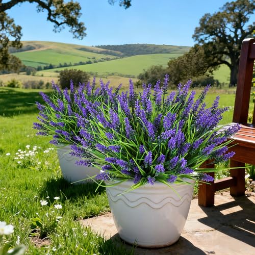 AmberFun 16 Bundles Artificial Plants Outdoor, UV Resistant Fake Lavender & Monkey Grass, Realistic Plastic Faux Plants for Balcony, Patio, Porch Greenery Decor, Planter Filler(Purple)