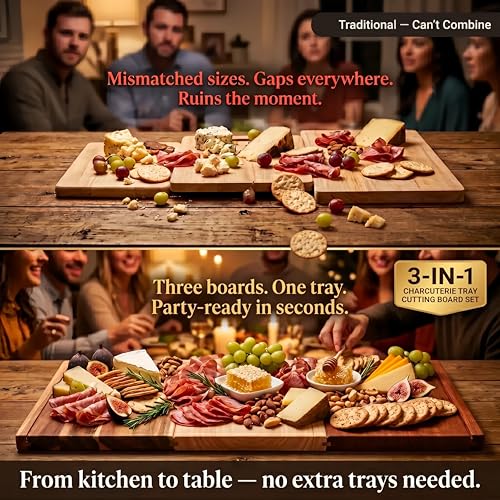 TRYLIFE Book Cutting Board Set of 3 with Stand - The Cutting Board Library, Wood Cutting Boards & Wooden Utensil Set - Charcuterie Boards for Kitchen, Home Decor Gift