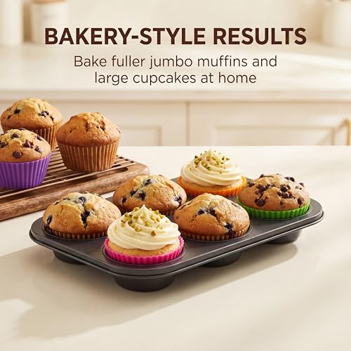 PIGOABZ 2 Pack Jumbo Muffin Pan, 6 Cup Nonstick Texas Muffin Pans with 12 Reusable Silicone Muffin Cups and 100 Paper Liners, Jumbo Cupcake Baking Pans for Large Muffins (X-Large)