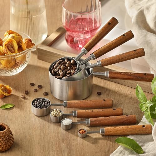 8PCS Measuring Cups, DAJLFA Stainless Steel Measuring Cups and Spoons Set with Ergonomic Wooden Handle for Cooking & Baking