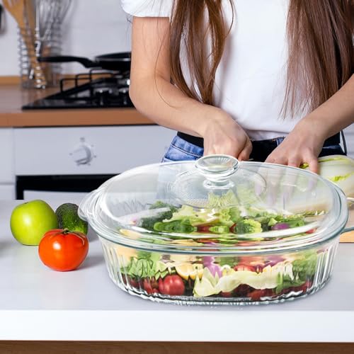 Luvan 2.8L/3Qt Glass Casserole Dish with Lid, Ribbed Oval Glass Baking Dish for Oven & Microwave, Clear Lead-Free Covered Casserole Cookware, Versatile Deep Glasses Food Container for Baking, Cooking