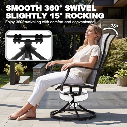 NUU GARDEN 2-Piece Patio Swivel Dining Chairs, 360° Rotation and 15° Rocking, All-Weather Textilene High-Back Chairs, Light Gray