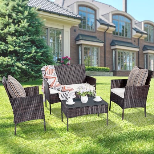 PAIQIAN Patio Furniture Set 4 Pieces, Outdoor Rattan Furniture with Tempered Glass Coffee Table, Modern Rattan Patio Chairs Conversation Sets with Sofa for Garden, Terrace, Porch, Lawns Brown/Beige