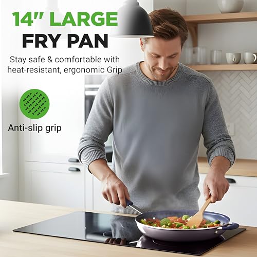 NutriChef 14" Fry Pan With Lid - Extra Large Skillet Nonstick Frying Pan with Silicone Handle, Ceramic Coating, Blue Silicone Handle, Stain-Resistant And Easy To Clean, Professional Home Cookware